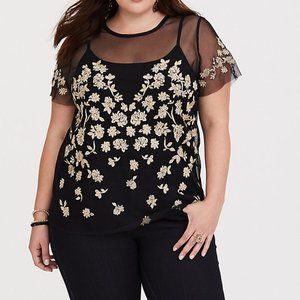 Torrid Sheer Mesh Top with Embroidered Flowers
